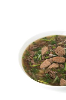 Vietnamese food , rice noodle soup with sliced sauteed beef and meat ball 