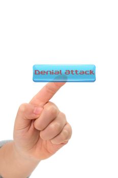 Asian Child finger Touching an denial services attack button on virtual screen on white background