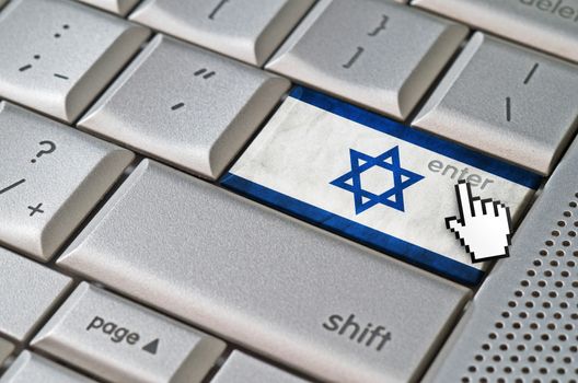 Business concept mouse cursor pressing Israel enter key on metallic keyboard