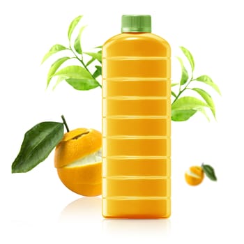 Orange juice in a plastic container jug with fresh orange and leaves on a white background.