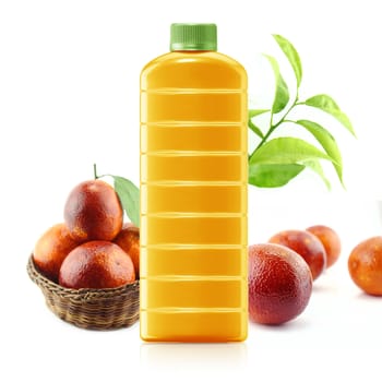 Red Orange juice in a plastic container jug with fresh orange and leaves on a white background.