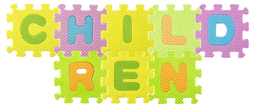 Children word created from Alphabet puzzle isloated on white background , with clipping path.