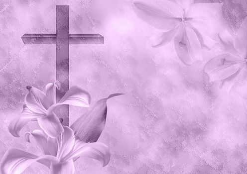 Christian cross and lily flower on purple background