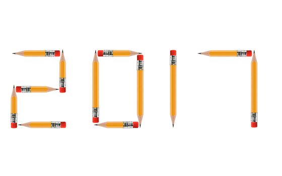 Happy new year 2017, short Pencils isolated on white background arranged to spell 2017. (Clipping work path included).