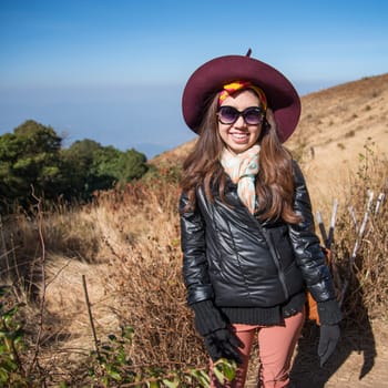 Portrait of women on alpine savanna grassland of Doi Inthanon, Chiang Mai, Thailand