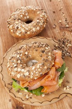 Delicious bagel with smoked salmon. Traditional amercan healthy eating. 