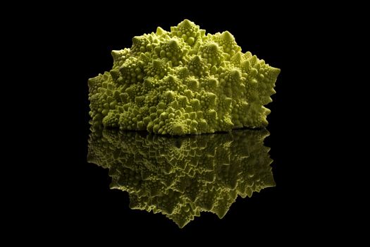 Romanesco broccoli isolated on black background with reflection. Fresh vegetable eating.