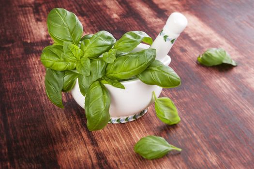 Basil. Fresh aromatic herbs on brown wooden background. Culinary cooking herbs.