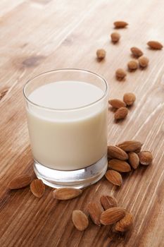 Delicious almond milk. Vegan milk drinking.