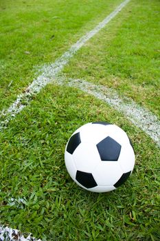 ball on the edge of the corner. Football field with green grass.