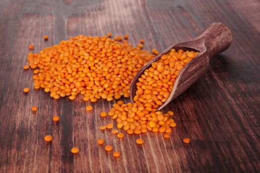 Red lentils on wooden spoon on dark wooden background. Healthy legume eating.