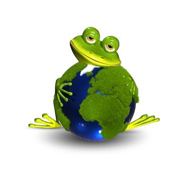 illustration merry green frog and blue globe