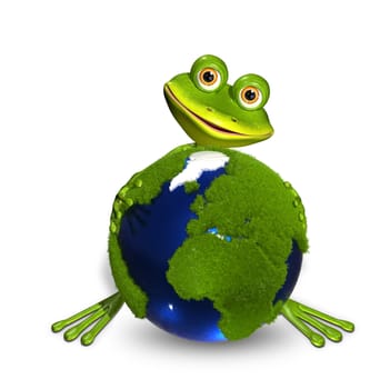 illustration merry green frog and blue globe