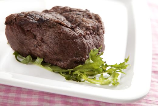 big steak on a plate with salad