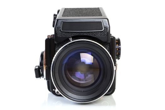 Front view - Retro medium format SLR camera from the seventies on white background. 