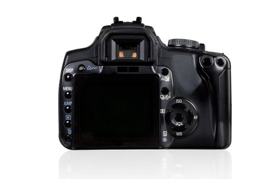 Digital Single Lens Reflex Camera on white background rear view.