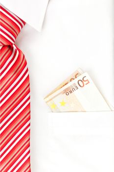 Businessman with white dress shirt and red tie and fifty euro note in his pocket. Salary or bribe? 