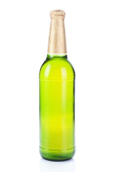 Luxurious cold green beer bottle without label isolated on white background. Cool summer concept.