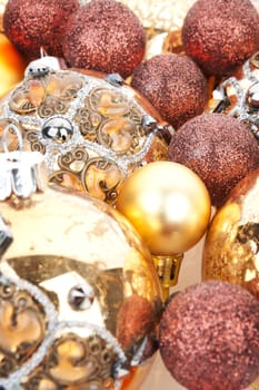 Luxurious shiny christmas balls background. Antique old decorated baubles. Christmas background.