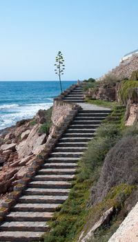 Staircase by the Mediterranean sea with agave on top, La Zenia, Costa Blanca, Spain.