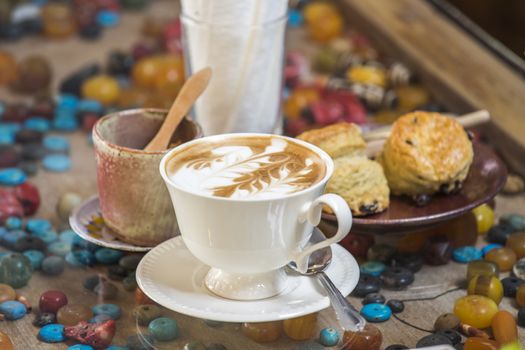 Latte coffee on table coffee shop