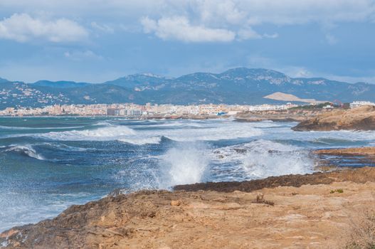 Palma bay windy coastal landscape in the winter. Majorca, Balearic islands, Spain.