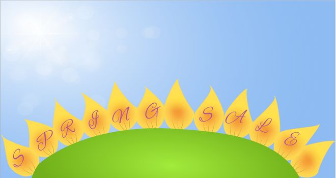 Banner with Spring sale on the petals flower with blue sunny landscape background