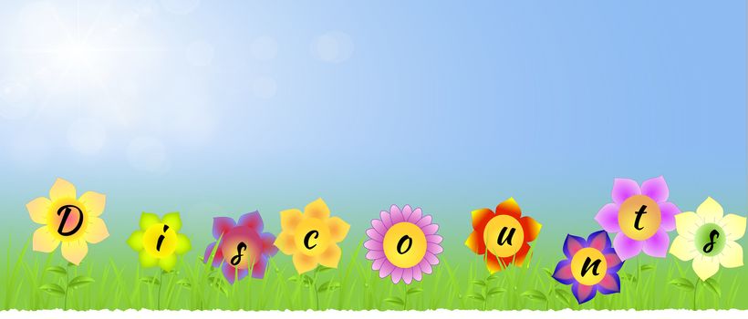 Banner with Discounts on the flowers with blue sunny background with grass,raindrops,leaves as spring landscape