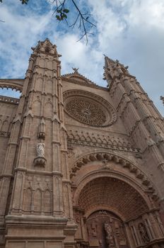 La Seu cathedral from west entrance, Palma de Mallorca, Balearic islands, Spain, in February.