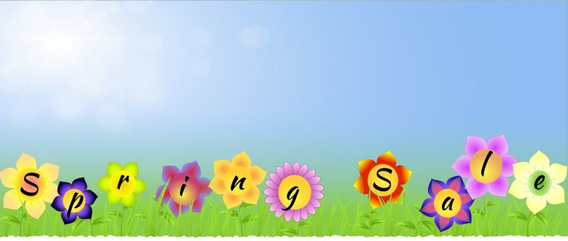 Banner with Spring sale on the flowers with blue sunny background with grass,raindrops,leaves as spring landscape