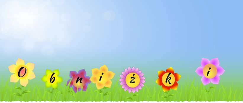 Banner with Spring sale on the flowers with blue sunny background with grass,raindrops,leaves as spring landscape