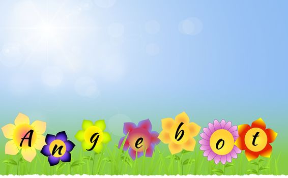 Banner with Discounts on the flowers with blue sunny background with grass,raindrops,leaves as spring landscape