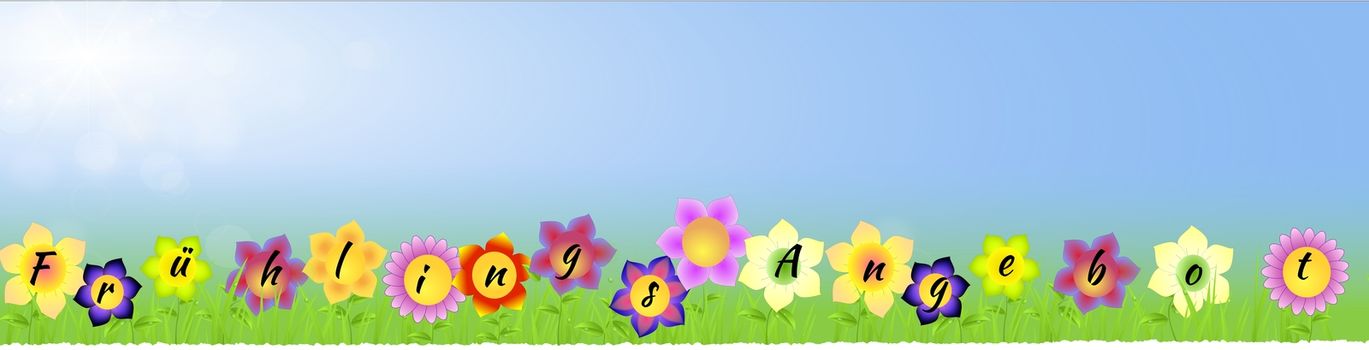 Banner with Spring sale on the flowers with blue sunny background with grass,raindrops,leaves as spring landscape