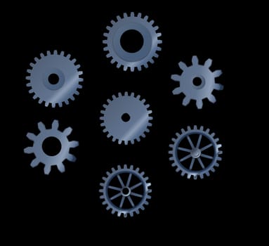 Set of abstract steel toothed wheels cogs, mechanism isolated on a black background