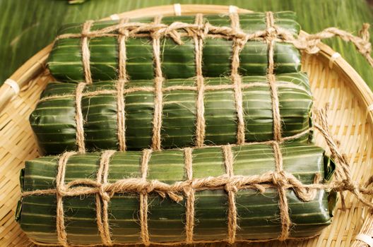 Vietnamese traditional rice cake to celerate the Lunar new year on bamboo plate