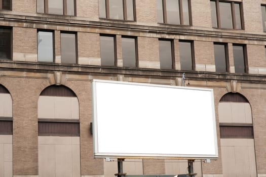 Blank advertising billboard sign on brick wall background texture 