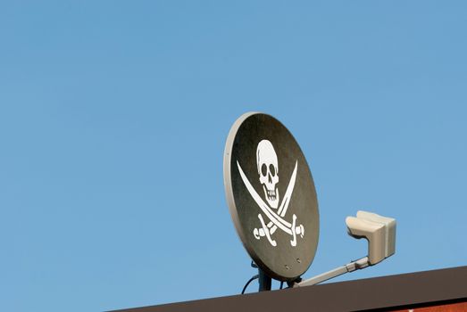 Pirated cable signal concept with dish antenna on a roof
