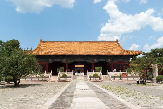 Entrance to the Ming Dynasty Tombs in Beijing, China during a sunny day