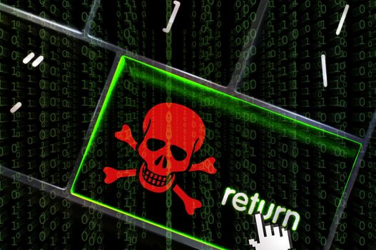 Distributed Denial of service concept with the focus on the return button overlaid with binary code