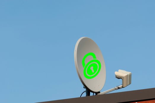 Locked concept Dish antenna with locked sign on a roof