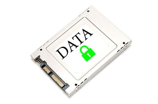 Concept security drive showing a SSD with a green lock on it