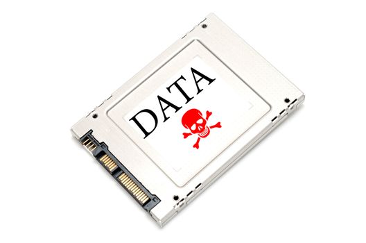 Concept hacked data drive showing a SSD with a red skull on it