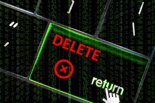 Delete with focus on return button overlaid with binary code