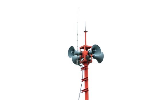 loudspeakers broadcasting on the red pillar.