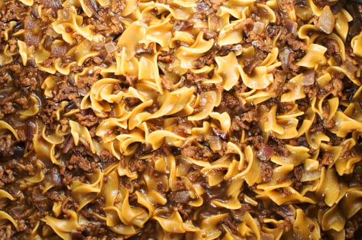 Closeup of macaroni and ground beef hamburger