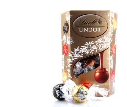 AYTOS, BULGARIA - APRIL 02, 2014: Milk Chocolate LINDOR truffle. Lindt & Spr��ngli is recognized as a leader in the market for premium quality chocolate.