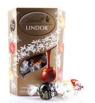 AYTOS, BULGARIA - APRIL 02, 2014: Milk Chocolate LINDOR truffle. Lindt & Spr��ngli is recognized as a leader in the market for premium quality chocolate.