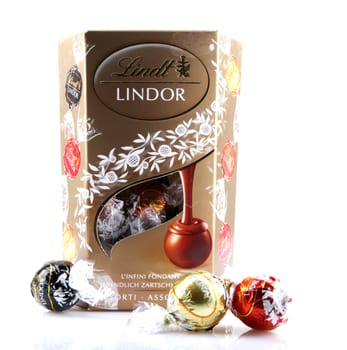 AYTOS, BULGARIA - APRIL 02, 2014: Milk Chocolate LINDOR truffle. Lindt & Spr��ngli is recognized as a leader in the market for premium quality chocolate.