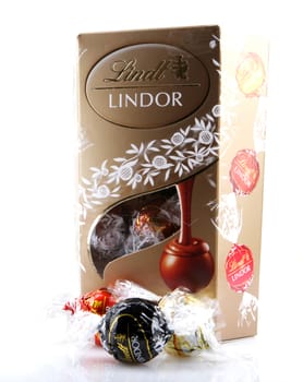 AYTOS, BULGARIA - APRIL 02, 2014: Milk Chocolate LINDOR truffle. Lindt & Spr��ngli is recognized as a leader in the market for premium quality chocolate.