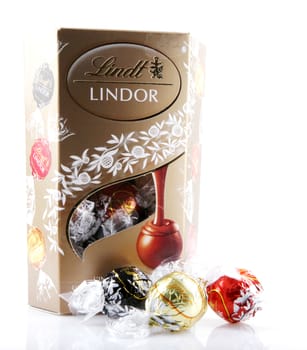 AYTOS, BULGARIA - APRIL 02, 2014: Milk Chocolate LINDOR truffle. Lindt & Spr��ngli is recognized as a leader in the market for premium quality chocolate.